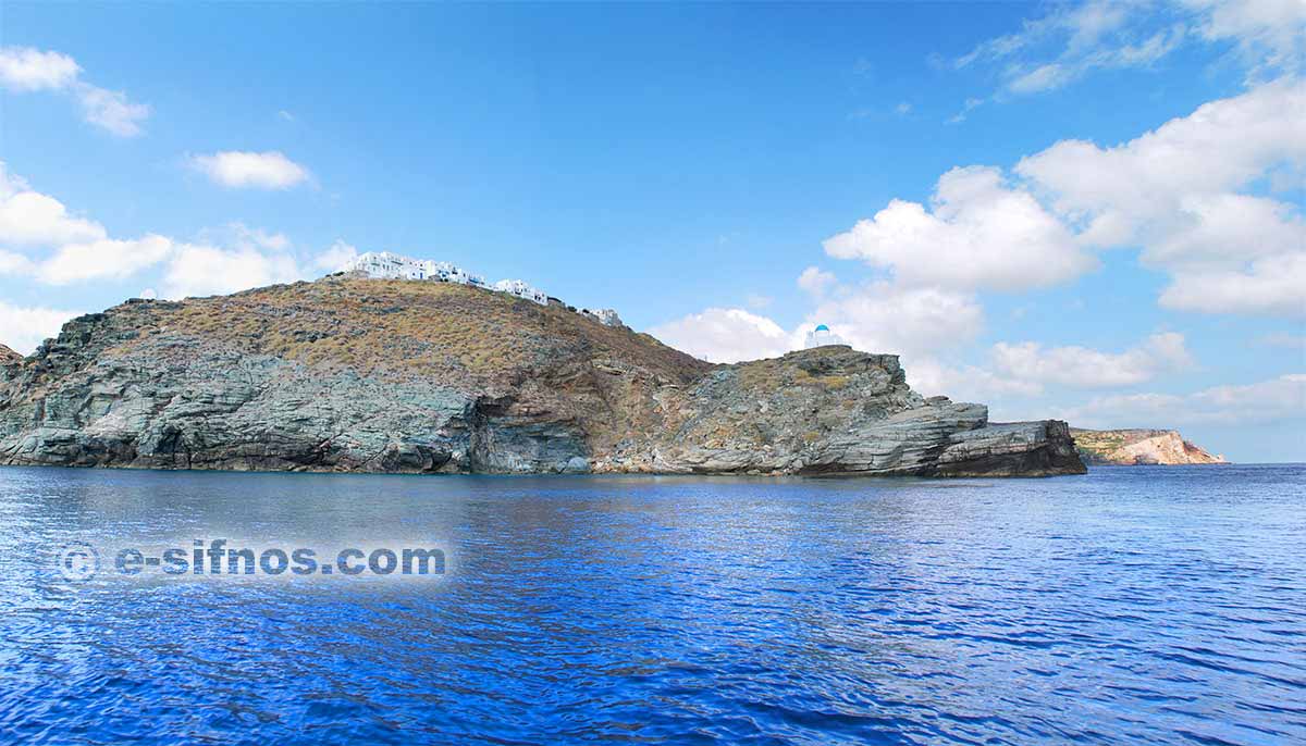 Kastro village and the church of 7 Martyres, from the sea