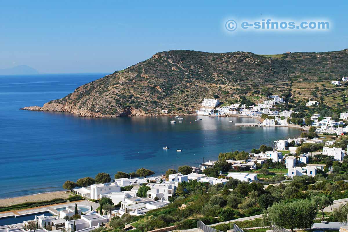 A part of the beach in Vathi and the church of Taxiarhis